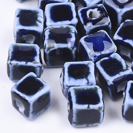 Honeyhandy Handmade Porcelain Beads, Fancy Antique Glazed Porcelain, Cube, Dark Blue, 8x7.5~8x7.5~8mm, Hole: 1.5~2mm