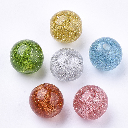 Honeyhandy Resin Beads, with Glitter Powder, Round, Mixed Color, 16mm, Hole: 3mm