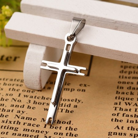 Honeyhandy 304 Stainless Steel Cross Pendants, Stainless Steel Color, 28.6x15x3mm, Hole: 3x6mm