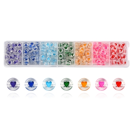 Honeyhandy 7 Colors Transparent Acrylic Beads, Flat Round with Heart, Mixed Color, 7x4mm, Hole: 1.5mm, 35~38pcs/color