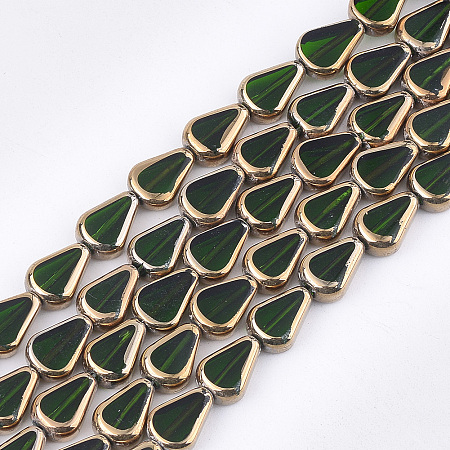 Electroplate Glass Beads Strands, Edge Plated, Melon Seeds, Dark Green, 11x8x4.5mm, Hole: 1mm, about 30pcs/strand, 12.7 inch