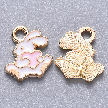 Honeyhandy Alloy Enamel Charms, Rabbit with Heart, Light Gold, Pearl Pink, 13.5x12x1.5mm, Hole: 2mm