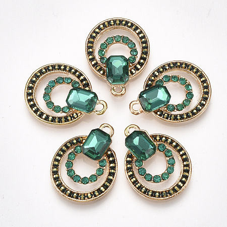 Alloy Pendants, with Glass and Rhinestone, Flat Round and Octagon, Light Gold, Teal, 23x17.5x5mm, Hole: 1.8mm