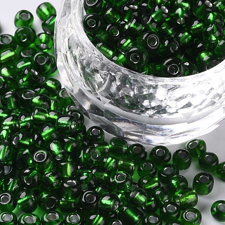 Honeyhandy 6/0 Glass Seed Beads, Silver Lined Round Hole, Round, Green, 4mm, Hole: 1.5mm, about 1000pcs/100g