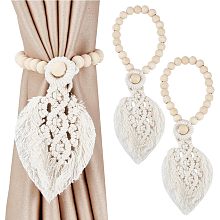 GORGECRAFT 2Pcs Boho Curtain Holdbacks Cotton Farmhouse Theme Curtain Tie Backs One Leaves with Adjustable Natural Wood Beads Tie Back Holder for livingroom Office Decorative Rope