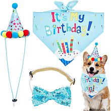 GORGECRAFT 3Pcs Birthday Pet Set Dog Clothes Kit Blue Cat Scarf Happy Birthday Costume Hat Doggy Puppy Kitty Bandanas Cap Necktie Bowknot Outfit for Home Party Pet Supplies Decorations