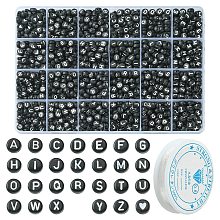 Honeyhandy 1200Pcs DIY Acrylic Bead Stretch Bracelets Kits for Children's Day, Including Flat Round Beads and Clear Elastic Crystal Thread, Letter & Heart, Black, 7x7x3.5mm, Hole: 1.2mm, 1200pcs/Box