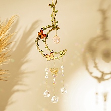 Honeyhandy Natural Rose Quartz Hanging Suncatcher Pendant Decoration, Moon with Butterfly Crystal Ceiling Chandelier Ball Prism Pendants, 450~480mm