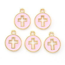 Honeyhandy Light Gold Plated Alloy Enamel Pendants, Flat Round with Cross, Pearl Pink, 15x12x1.5mm, Hole: 1.6mm