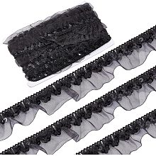 GORGECRAFT 13Yds Black Pleated Ribbon Trim Satin Organza Lace Fabric Sequin Ribbon Elastic Floral 1-1/8" Chiffon Lace Edge Stretch Applique for Sewing Gift Package Wrapping Cloth Crafts Embellishments