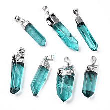 Honeyhandy Natural Quartz Pointed Pendants, with Brass Findings, Dyed, Bullet, Platinum, Turquoise, 30~45x7~12x6~11mm, Hole: 7x2mm