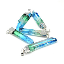 Honeyhandy Natural Quartz Crystal Pointed Pendants, with Iron Findings, Plated Platinum, Nuggets, Dyed, Deep Sky Blue, 42~55x9~15x8~11mm, Hole: 6x3.5mm