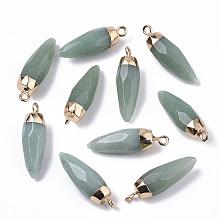 Honeyhandy Top Golden Plated Natural Aventurine Pointed Pendants, with Iron Loops, Faceted, Bullet, 25~26x7~8mm, Hole: 1.8mm