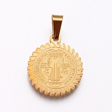 Honeyhandy 304 Stainless Steel Pendants, Flat Round with Saint Benedict, Golden, 21x18x2mm, Hole: 6.5x4mm