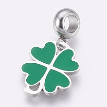 Honeyhandy 304 Stainless Steel European Dangle Charms, Large Hole Pendants, with Enamel, Clover, Stainless Steel Color, Sea Green, 26mm, Hole: 4mm, Pendant: 16.5x14x1mm