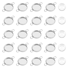 Unicraftale 100Pcs 304 Stainless Steel Cabochon Connector Settings, Plain Edge Bezel Cups, Flat Round, with 100Pcs Transparent Glass Cabochons, Stainless Steel Color, Tray: 10mm, 19.5~7.5x9.5~12x2~3.5mm, Hole: 2mm