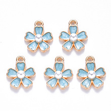 Honeyhandy Alloy Enamel Charms, with ABS Plastic Imitation Pearl, Sakura Flower, Light Gold, Sky Blue, 14.5x11.5x4.5mm, Hole: 1.2mm