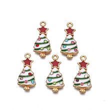 Rack Plating Alloy Enamel Pendants, with Rhinestone, Cadmium Free & Nickel Free & Lead Free, Light Gold, Christmas Tree, Green, 23x11x3mm, Hole: 1.5mm