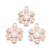 Honeyhandy Christmas Style Alloy Enamel Pendants, Cadmium Free & Lead Free, Light Gold, Snowflake, White, 22x18x1.5mm, Hole: 1.8mm