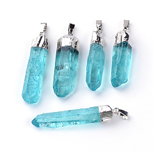 Honeyhandy Natural Quartz Pointed Pendants, with Brass Findings, Dyed, Bullet, Platinum, Turquoise, 30~45x7~12x6~11mm, Hole: 7x2mm