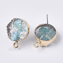 Honeyhandy Druzy Resin Stud Earring Loops, with Steel Pins and Edge Light Gold Plated Iron Loops, Flat Round, Pale Turquoise, 18x13.5mm, Hole: 1.8mm, Pin: 0.6mm