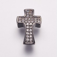 Honeyhandy Brass Micro Pave Cubic Zirconia Beads, Cross, Gunmetal, 14x9x4mm, Hole: 1.5mm