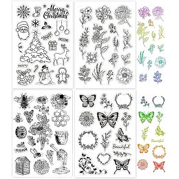 GLOBLELAND 4 Sheets Mixed Theme TPR Clear Stamps with Acrylic Board for Card Making DIY Scrapbooking Photo Album Decorative Paper Craft(Butterfly Bee Flower Christmas)