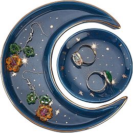 AHANDMAKER Sun and Moon Jewelry Plate, Ceramic Jewelry Dish Decorative Trinket Midnight Blue Holder Tray for Storing Rings, Earrings, Necklaces, Crystals Stones