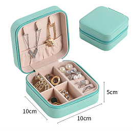 Honeyhandy PU Leather Jewelry Box, Travel Portable Jewelry Case, Zipper Storage Boxes, for Necklaces, Rings, Earrings and Pendants, Square, Cyan, 10x10x5cm