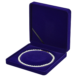 FINGERINSPIRE Velvet Pearl Necklace Storage Gift Box 7.48x7.48x1.6inch Square Velvet Jewelry Gift Box Dark Blue Necklace Gift Display Case Wedding Jewelry Storage Holder for Long Pearl Chain Necklace