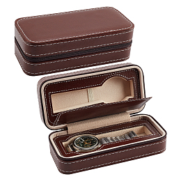 PandaHall Elite Rectangle 2 Slot PU Leather Watch Storage Zipper Boxes, Portable Travel Wristwatch Organizer Case, Holds up to 2Pcs Watch Storage, Saddle Brown, 8.5x18x5.8cm