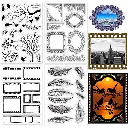 GLOBLELAND 4 Sheets Photo Frame Film Frame Clear Stamps for Card Making Feather Plants Silicone Clear Stamp Seals Transparent Stamps for DIY Scrapbooking Journals Decorative Photo Album