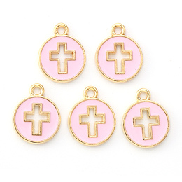 Honeyhandy Light Gold Plated Alloy Enamel Pendants, Flat Round with Cross, Pearl Pink, 15x12x1.5mm, Hole: 1.6mm