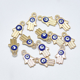 Honeyhandy Light Gold Plated Alloy Charms, with Enamel, Religion, Hamsa Hand/Hand of Fatima /Hand of Miriam with Evil Eye, Blue, 14.5x8x2.5mm, Hole: 1.8mm