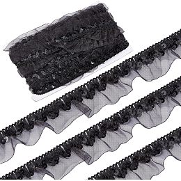 GORGECRAFT 13Yds Black Pleated Ribbon Trim Satin Organza Lace Fabric Sequin Ribbon Elastic Floral 1-1/8" Chiffon Lace Edge Stretch Applique for Sewing Gift Package Wrapping Cloth Crafts Embellishments