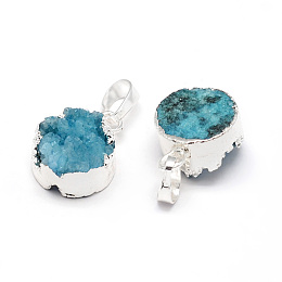 Honeyhandy Flat Round Dyed Natural Druzy Agate Pendants, Druzy Trimmed Stone, with Silver Color Plated Brass Findings, Deep Sky Blue, 17x14x8~11mm, Hole: 5x8mm