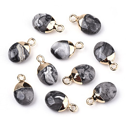 Honeyhandy Natural Map Stone/Picasso Stone/Picasso Jasper Charms, Top Light Gold Plated, with Iron Loop, Oval, Faceted, 14~15x8x5mm, Hole: 1.8mm