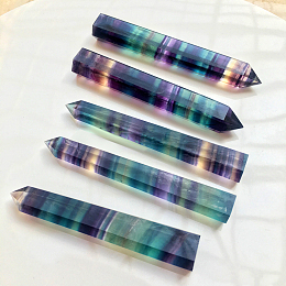 Honeyhandy Natural Colorful Fluorite Pointed Prism Bar Home Display Decoration, Healing Stone Wands, for Reiki Chakra Meditation Therapy Decos, Faceted Bullet, 52~56x12.5~14mm