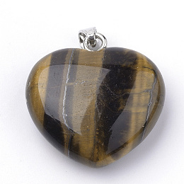 Honeyhandy Natural Tiger Eye Pendants, with Alloy Findings, Heart, Platinum, 27~29x28x11mm, Hole: 3.5x5mm