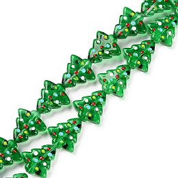 Handmade Bumpy Lampwork Beads Strands, with Enamel, Christmas Trees, Green, 16~16.5x14.5~15x7~7.5mm, Hole: 1.2mm, about 22pcs/strand, 13.98~14.17 inch(35.5~36cm)