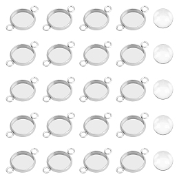 Unicraftale 100Pcs 304 Stainless Steel Cabochon Connector Settings, Plain Edge Bezel Cups, Flat Round, with 100Pcs Transparent Glass Cabochons, Stainless Steel Color, Tray: 10mm, 19.5~7.5x9.5~12x2~3.5mm, Hole: 2mm