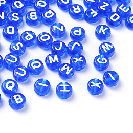 Honeyhandy Transparent Blue Acrylic Beads, Horizontal Hole, Mixed Letters, Flat Round with White Letter, 7x4mm, Hole: 1.5mm, 100pcs/Bag