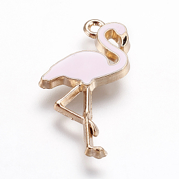 Honeyhandy Alloy Enamel Pendants, Flamingo Shape, Pink, Light Gold, 26x14x2.5mm, Hole: 1mm