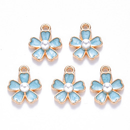 Honeyhandy Alloy Enamel Charms, with ABS Plastic Imitation Pearl, Sakura Flower, Light Gold, Sky Blue, 14.5x11.5x4.5mm, Hole: 1.2mm