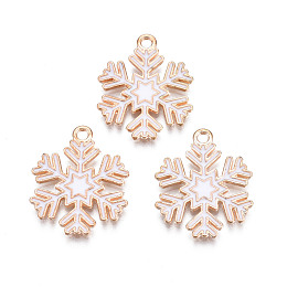 Honeyhandy Christmas Style Alloy Enamel Pendants, Cadmium Free & Lead Free, Light Gold, Snowflake, White, 22x18x1.5mm, Hole: 1.8mm