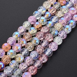 Electroplate Crackle Glass Bead Strands, AB Color Plated, Dyed & Heated, Round, Colorful, 8mm, Hole: 1.2mm, about 50~51pcs/strand, 15.35 inch(39cm)