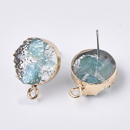 Honeyhandy Druzy Resin Stud Earring Loops, with Steel Pins and Edge Light Gold Plated Iron Loops, Flat Round, Pale Turquoise, 18x13.5mm, Hole: 1.8mm, Pin: 0.6mm