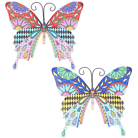 CREATCABIN 2Pcs Butterflies Hanging Decorations Metal 3D Butterfly Wall Decor Large Colorful Garden Art Sculpture Hand-Made Gift Ornaments for Home Bathroom Bedroom Yard Fence Decor(Blue, Red)