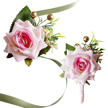 CRASPIRE Wrist Corsage Wristlet Band Bracelet and Men Boutonniere Set for Pink Wedding Flowers Accessories Prom Suit Decorations