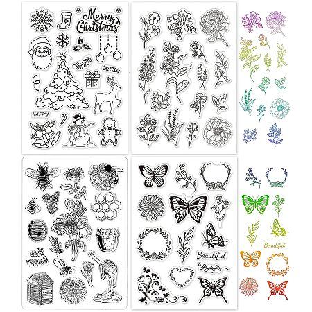 GLOBLELAND 4 Sheets Mixed Theme TPR Clear Stamps with Acrylic Board for Card Making DIY Scrapbooking Photo Album Decorative Paper Craft(Butterfly Bee Flower Christmas)